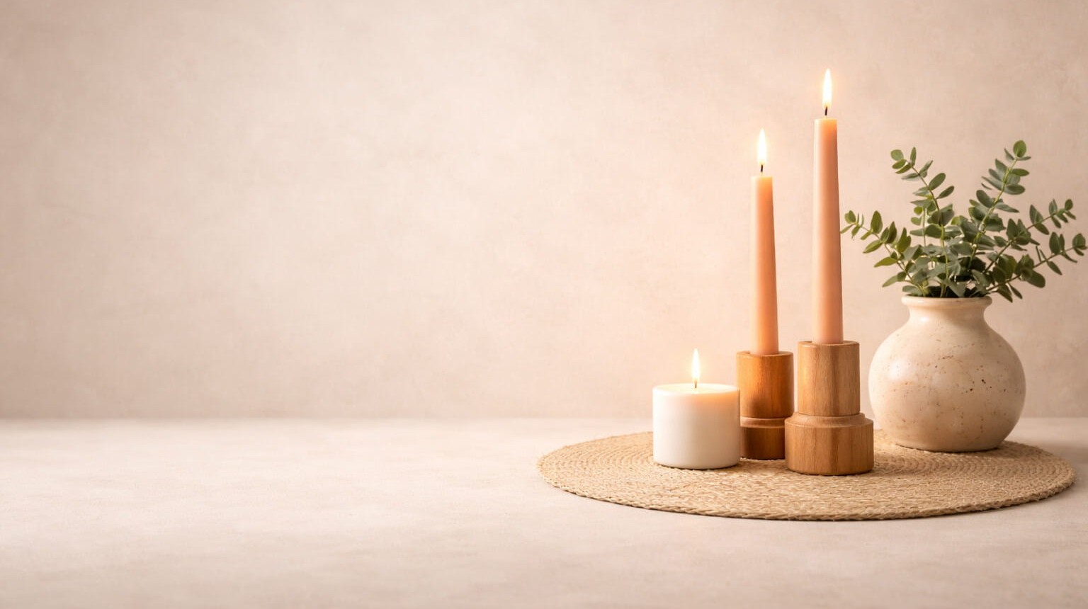 Peaceful candles and eucalyptus plant
